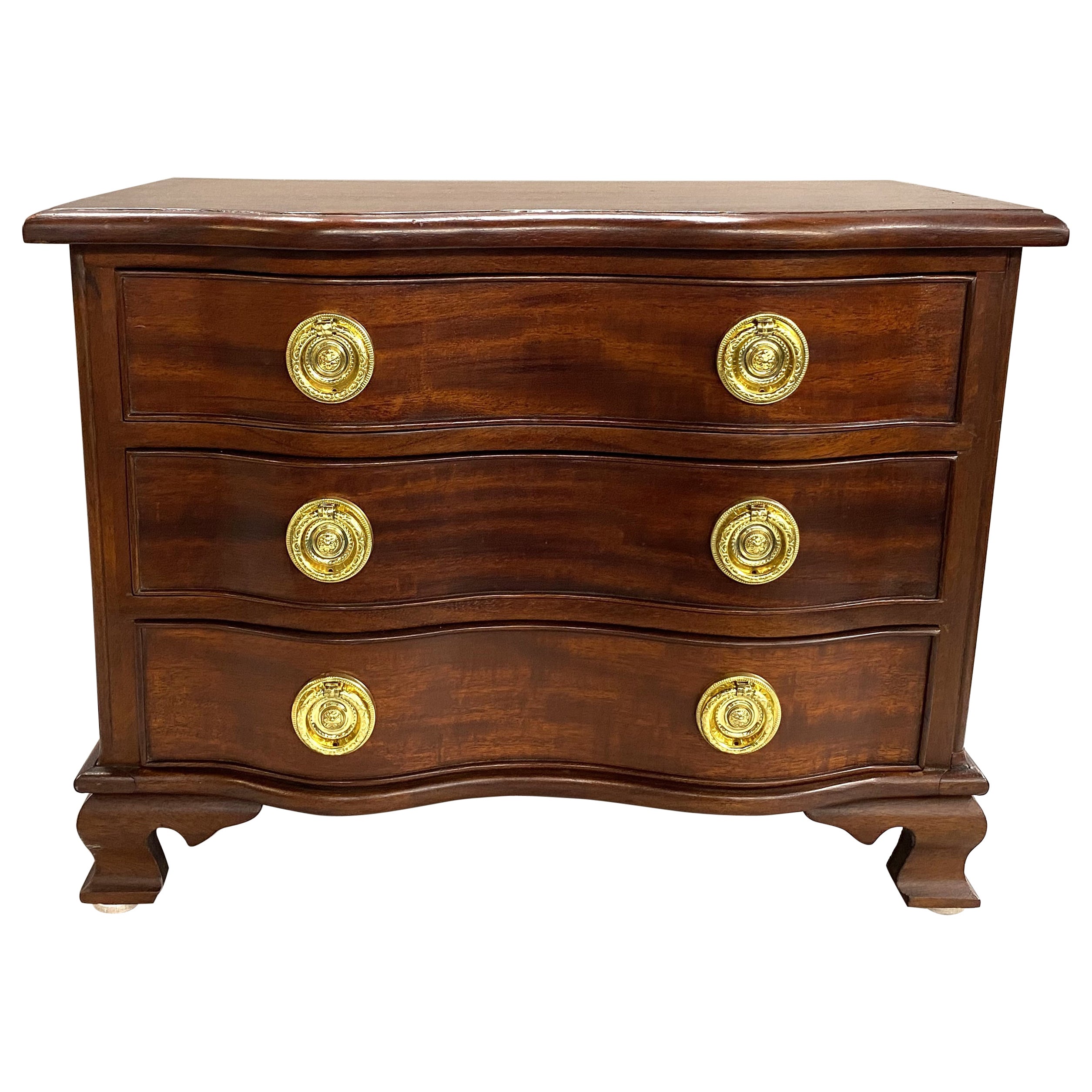 Miniature Mahogany Serpentine Three Drawer Chest with Round Brass Pulls For Sale