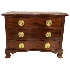 Vintage Miniature Mahogany Serpentine Three Drawer Chest with Round Brass Pulls