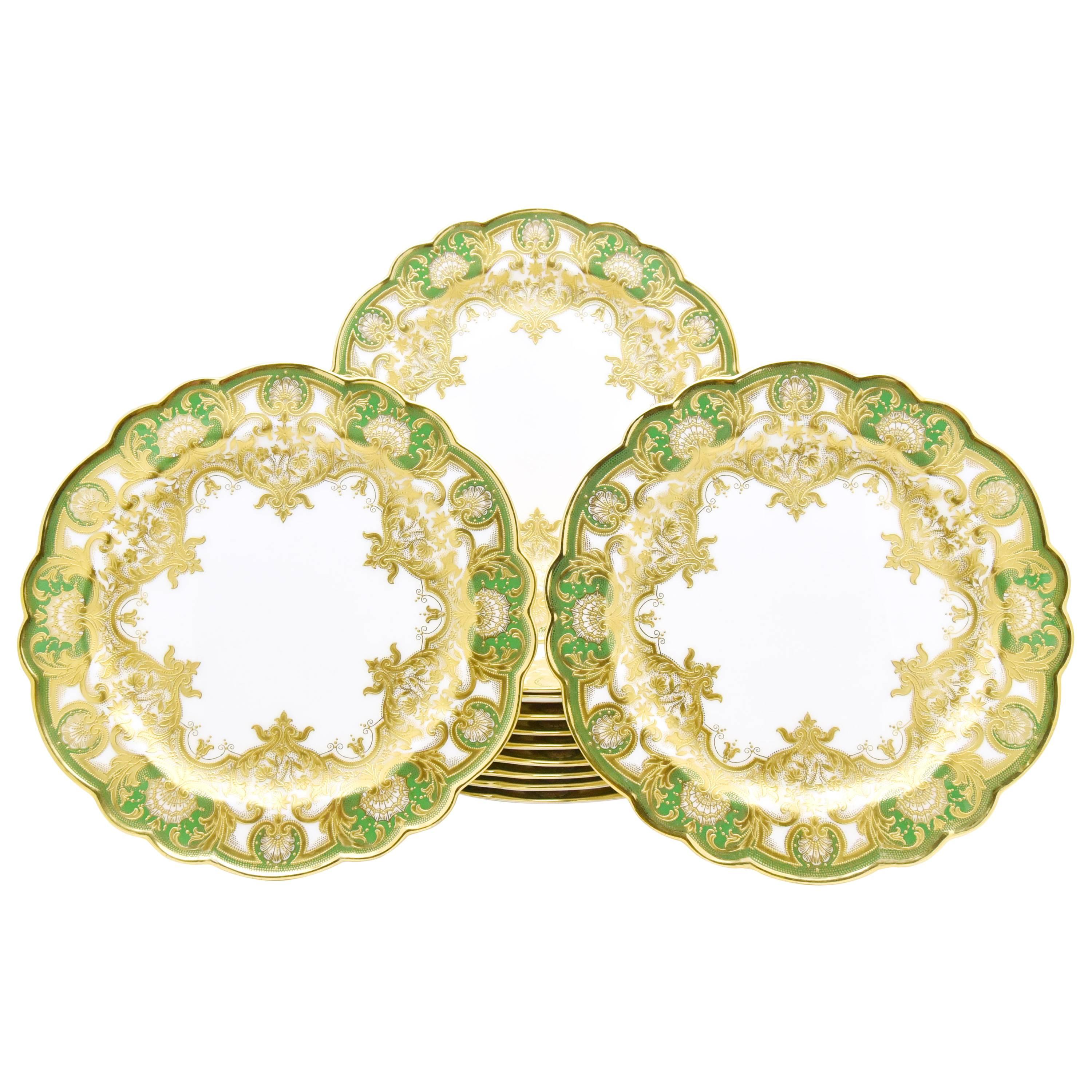 Set of 12 Royal Worcester Green Dinner Plates,  Raised Paste Gold and Shaped Rim