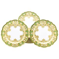 Set of 12 Royal Worcester Green Dinner Plates, Raised Paste Gold and Shaped Rim