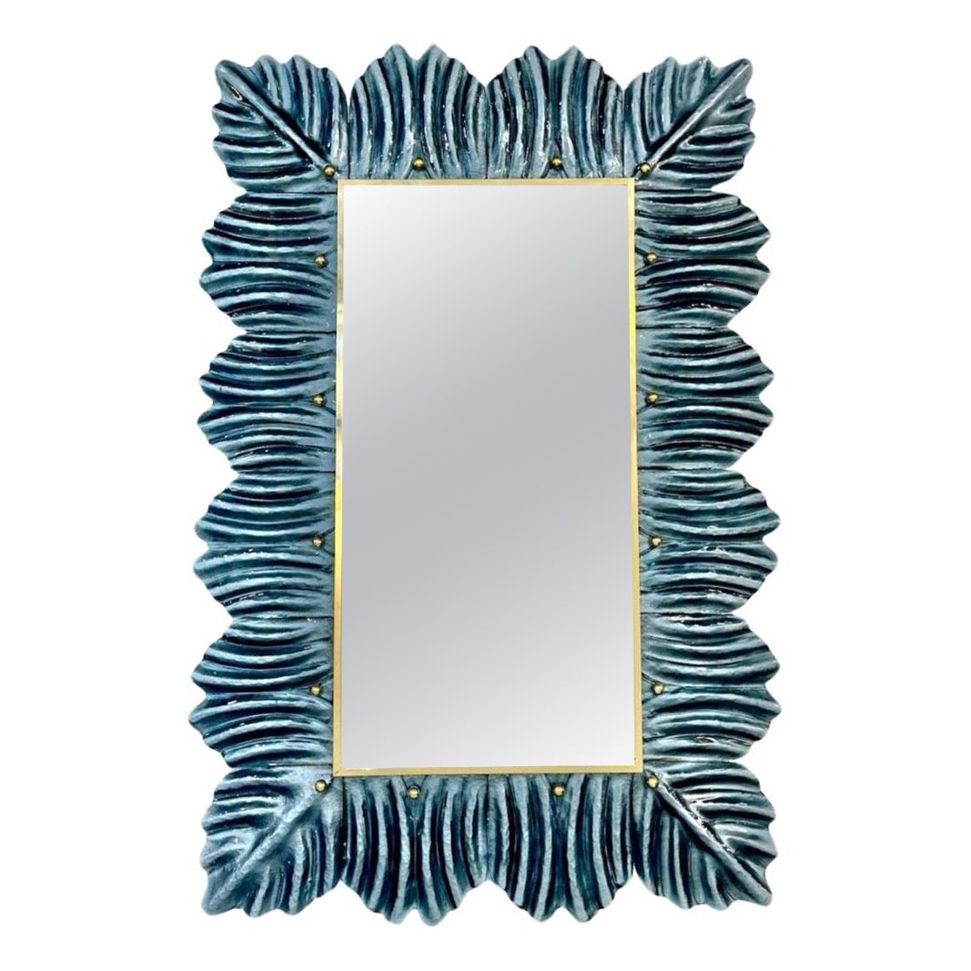 Bespoke Italian Modern Leaf Design Avio Silver Blue Murano Glass Brass Mirror For Sale