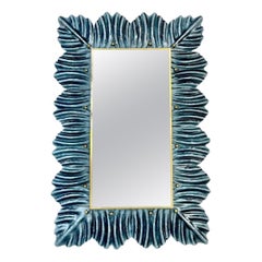 Miroir en verre de Murano, laiton, sur mesure, italien, moderne, Leaf Design Avio Silver Blue