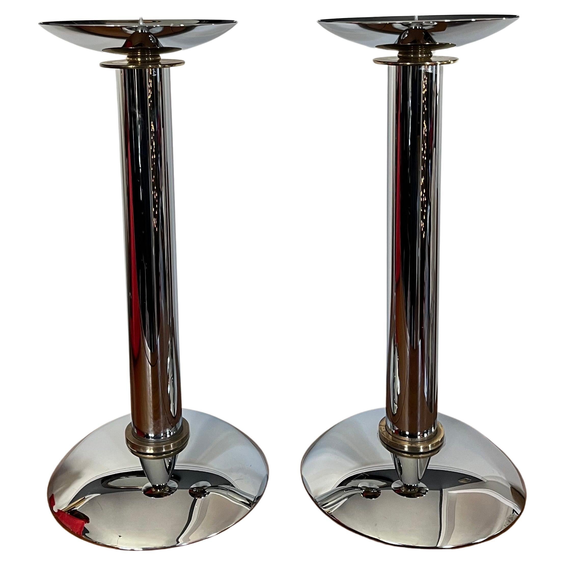 Pair of Karl Springer Chrome & Brass Postmodern Candle Holders For Sale