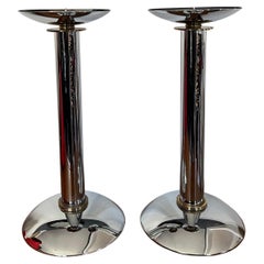 Pair of Karl Springer Chrome & Brass Postmodern Candle Holders