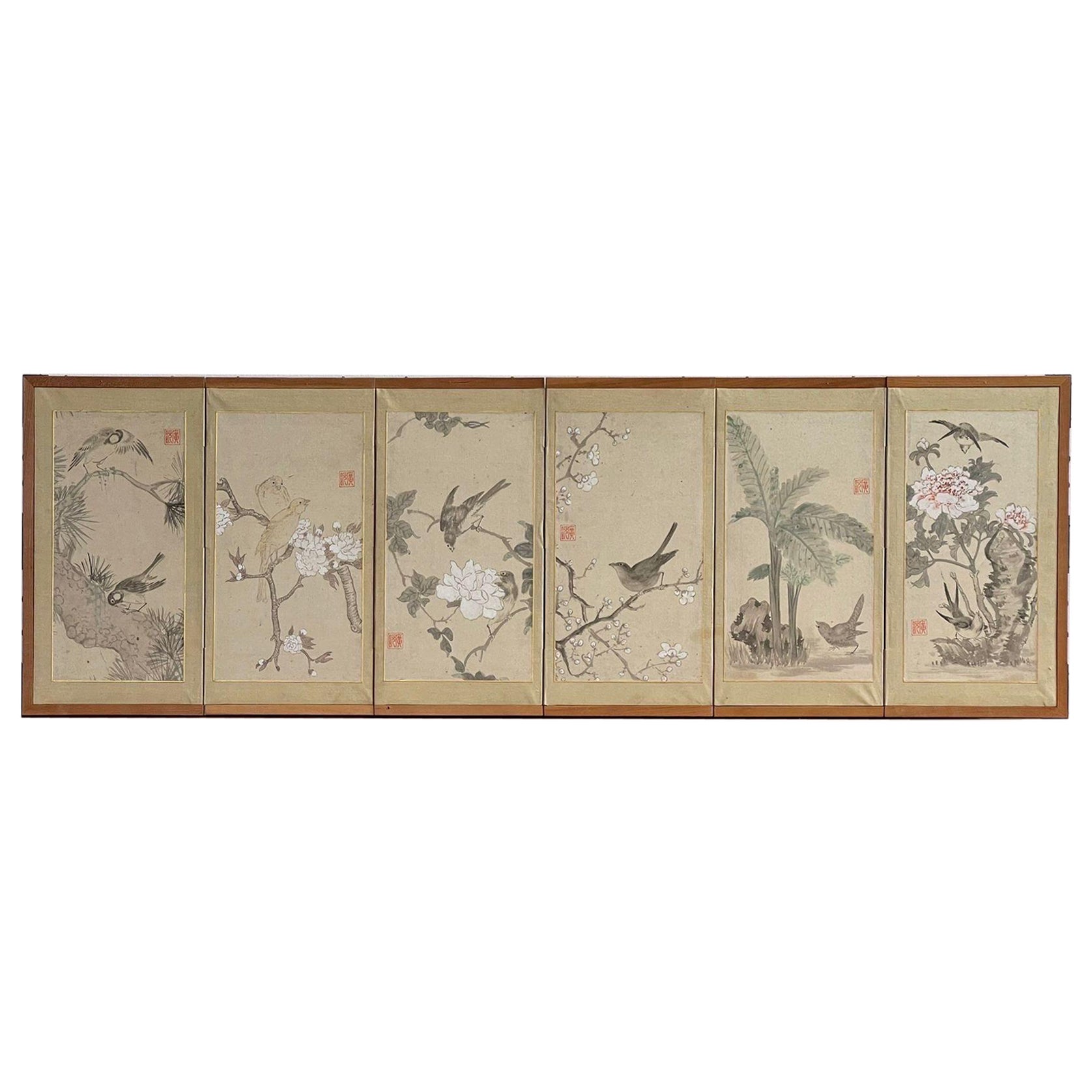 Vieille peinture japonaise à 6 panneaux, encadrée et signée, dans un cadre en bois.