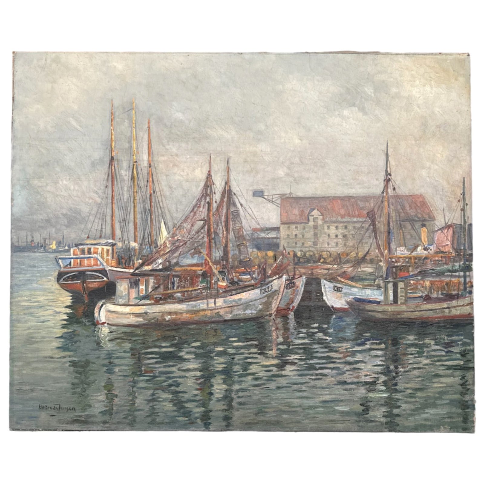 Peinture à l'huile d'une scène de bateaux européens Foggy en vente