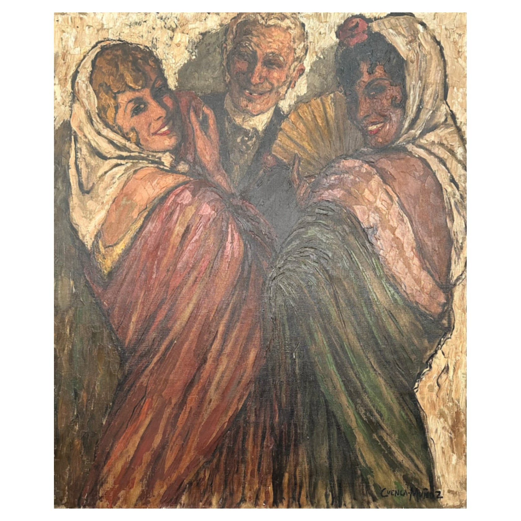Oil Painting Spanish Scene of man with Maja women For Sale