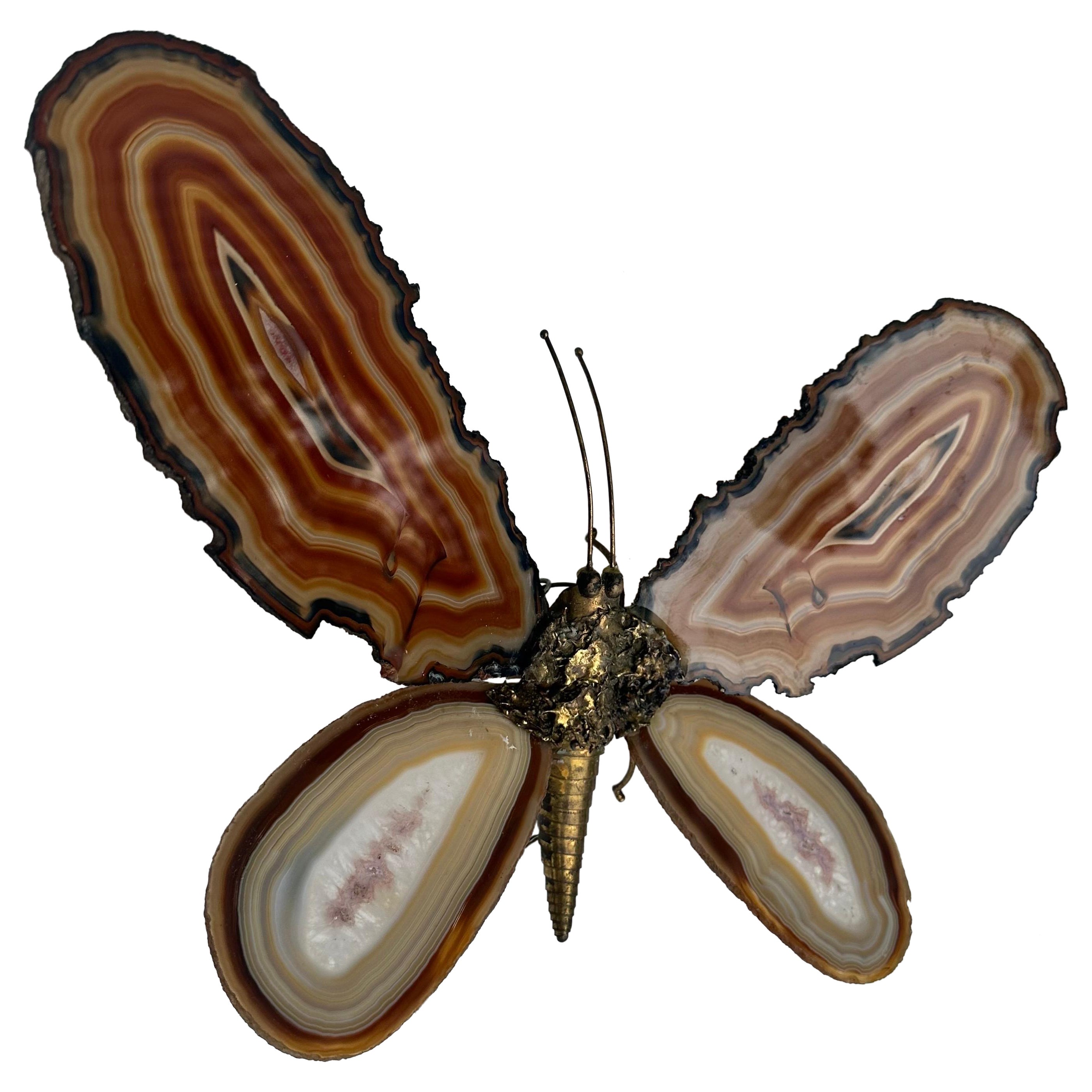 Jacques Duval Brasseur agate and brass Butterfly wall  Sconce  For Sale