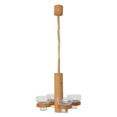 Mid-Century Hanging Pine Candelabra with Four Blown Glass Votive Holders