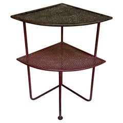 Vintage 1950s Modernist French Iron with Perforated Metal Shelves Side Table