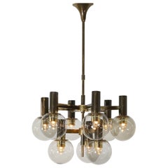Hans Agne Jacobssen Style Brass Chandelier with 9 Smoked Glass Globes and Canopy
