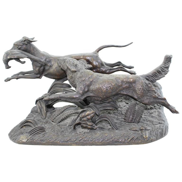 Paul-Joseph-Victor Dargaud Bronze Sculpture Group of Hunting Dogs, circa 1878