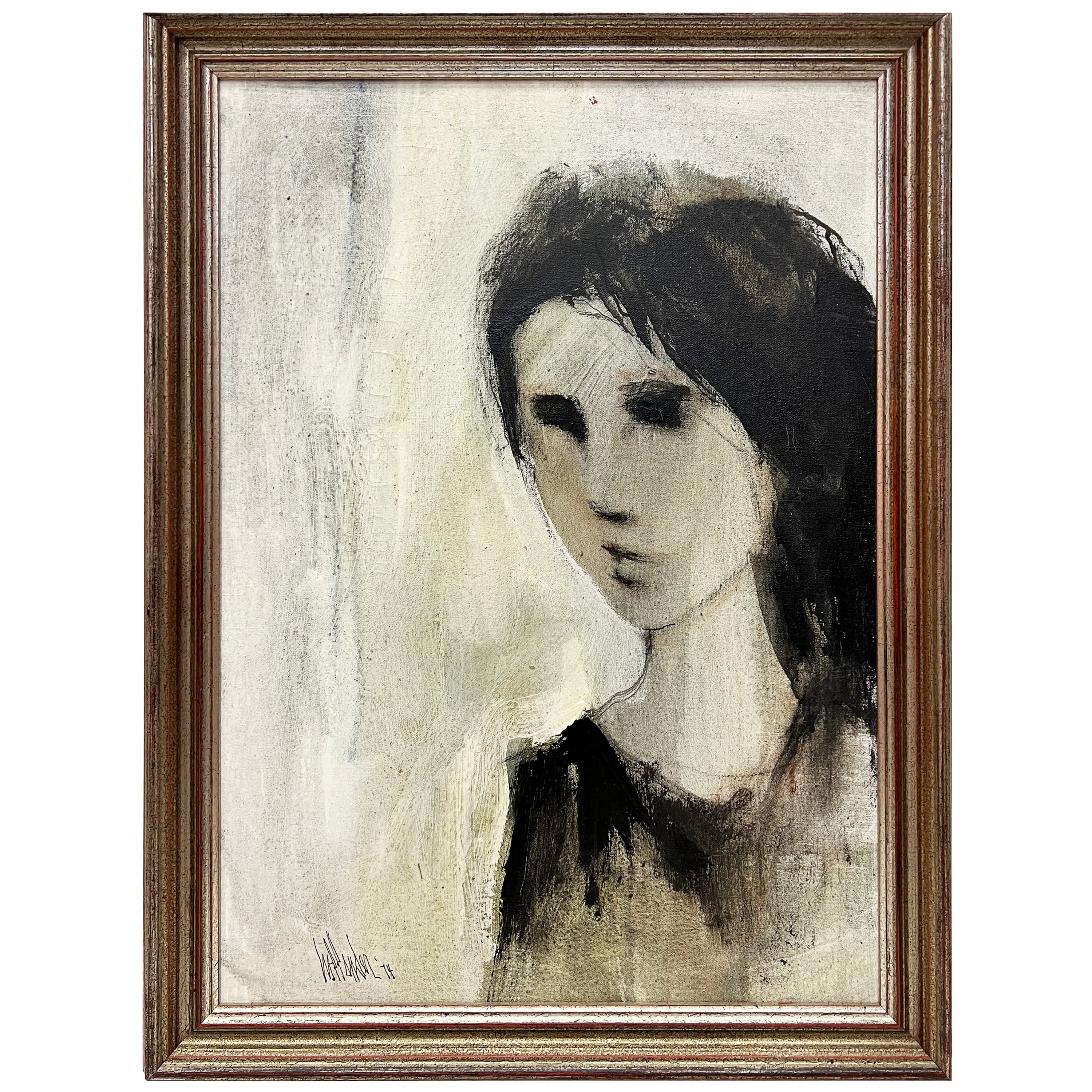 Gino Hollander 1974 Vintage Abstract Female Portrait Painting For Sale