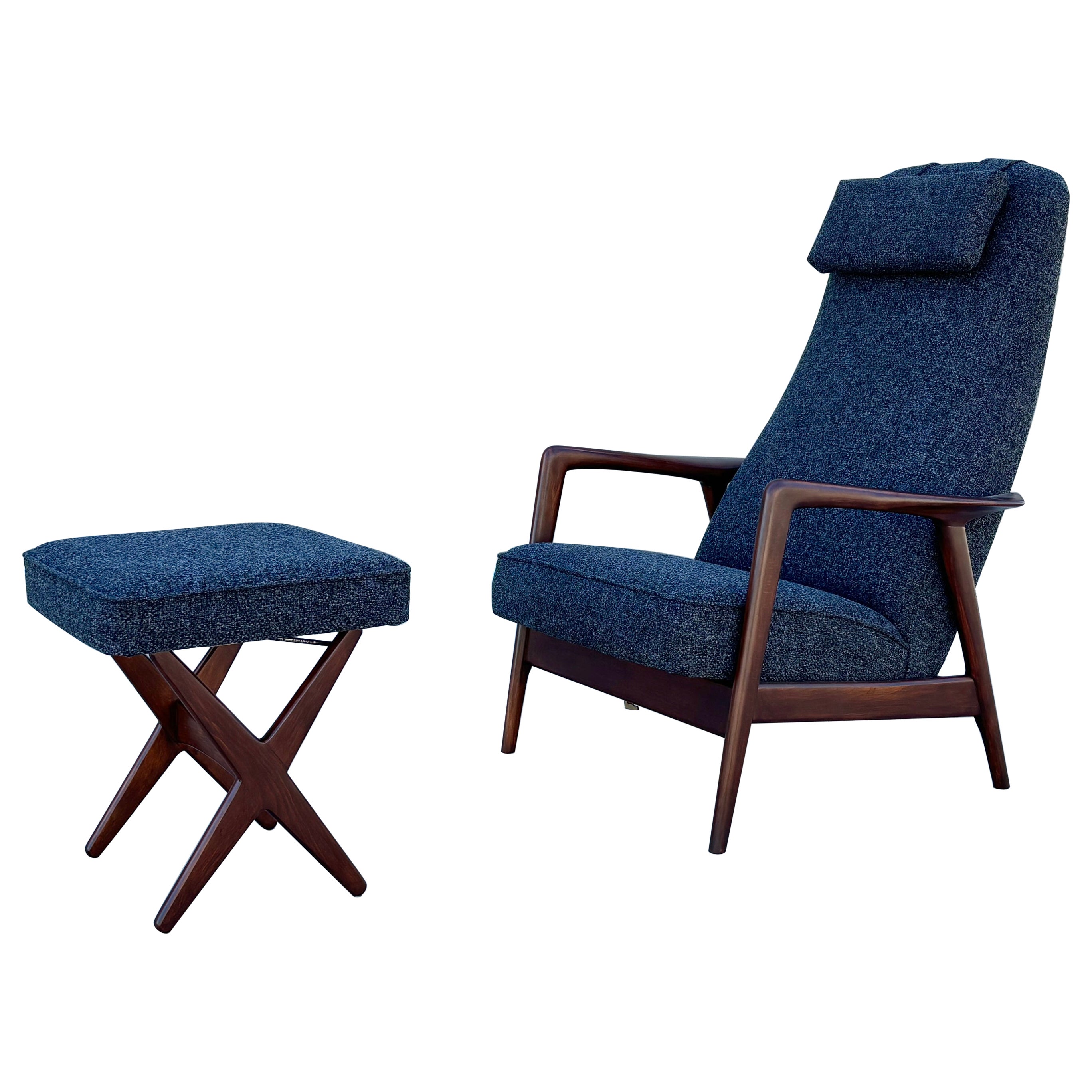 Mid Century Walnut Recliner Lounge Chair & Ottoman by Alf Svensson for Dux For Sale