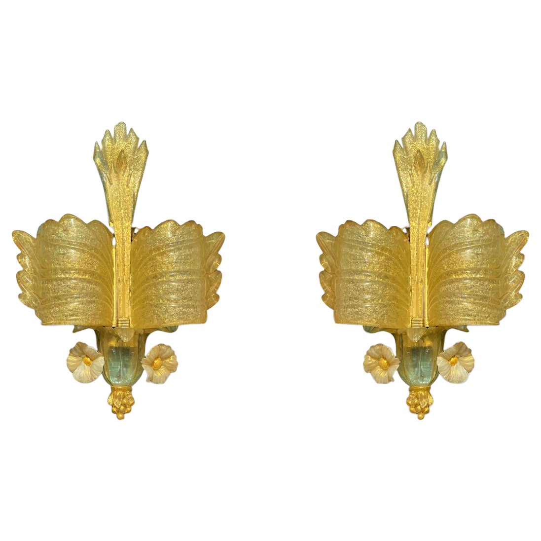 Pair Mid-Century Italian Murano Gold Infused Glass Sconces For Sale