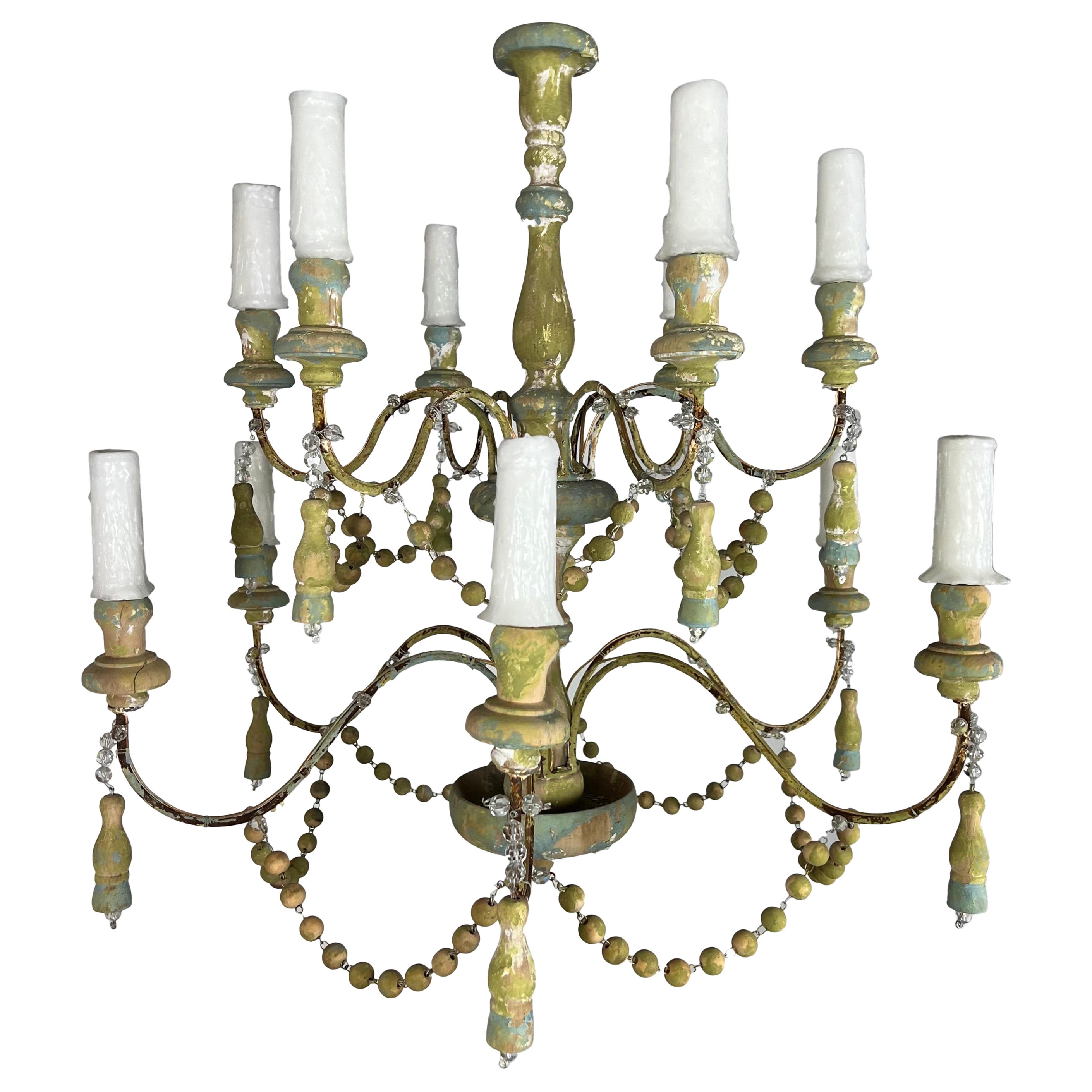 12-Arm Painted Wood Beaded Chandelier with Tassels For Sale