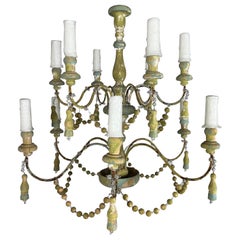 Vintage 12-Arm Painted Wood Beaded Chandelier with Tassels