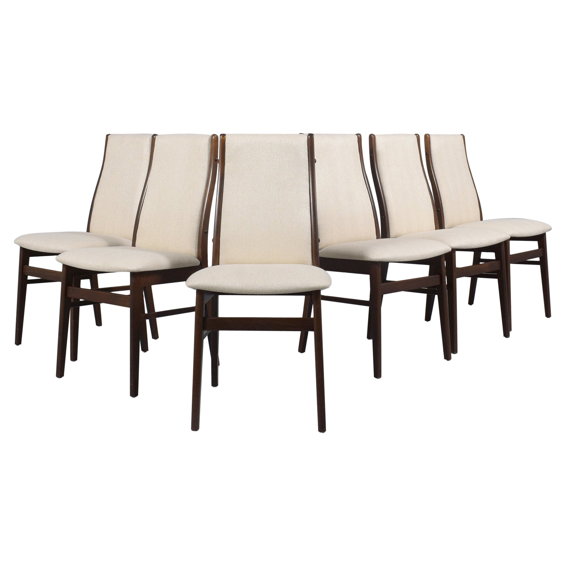 Ensemble de six chaises de salle à manger danoises modernes en teck avec tapisserie Chenille ivoire