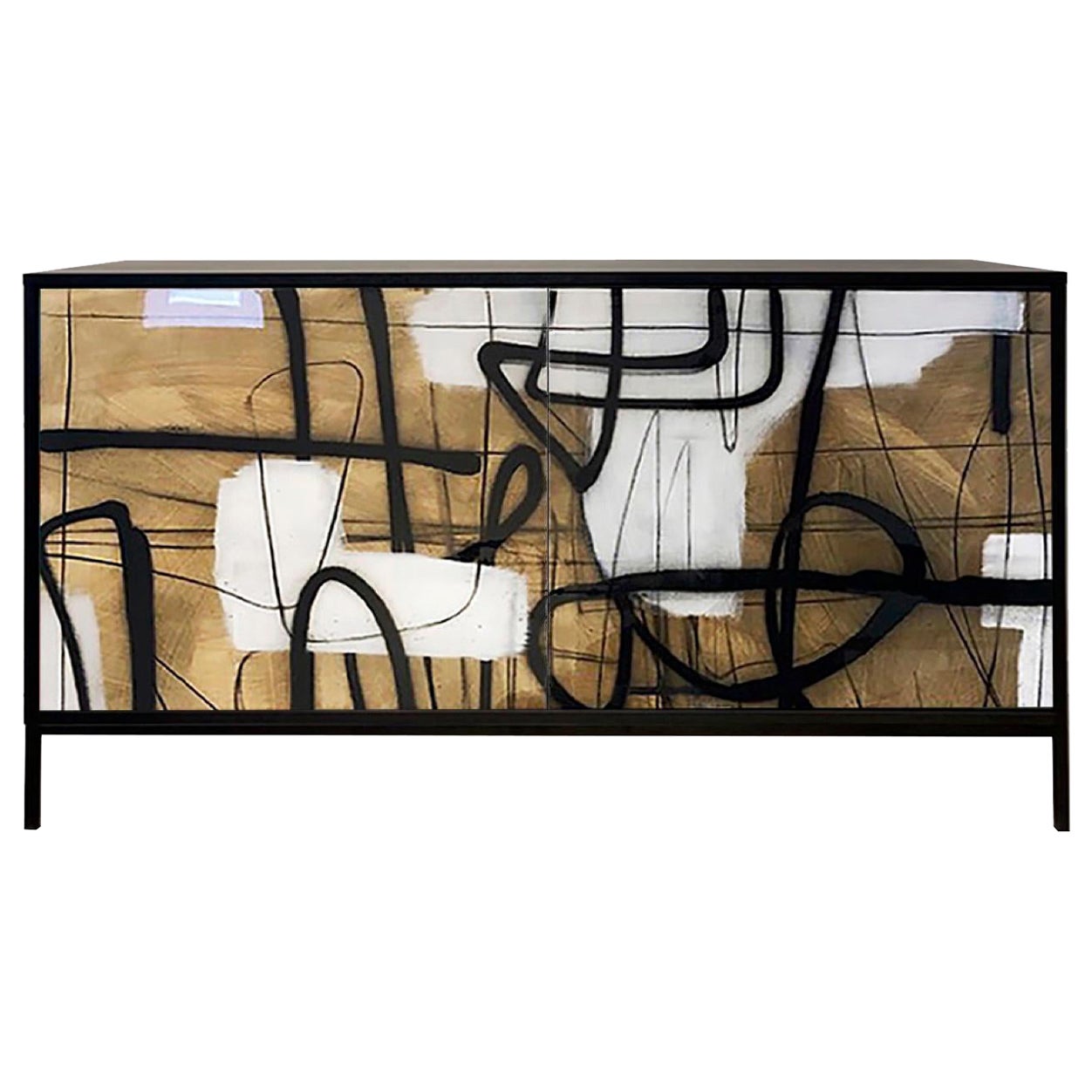 Enamel Abstract cabinet by Morgan Clayhall, mix media artwork on doors