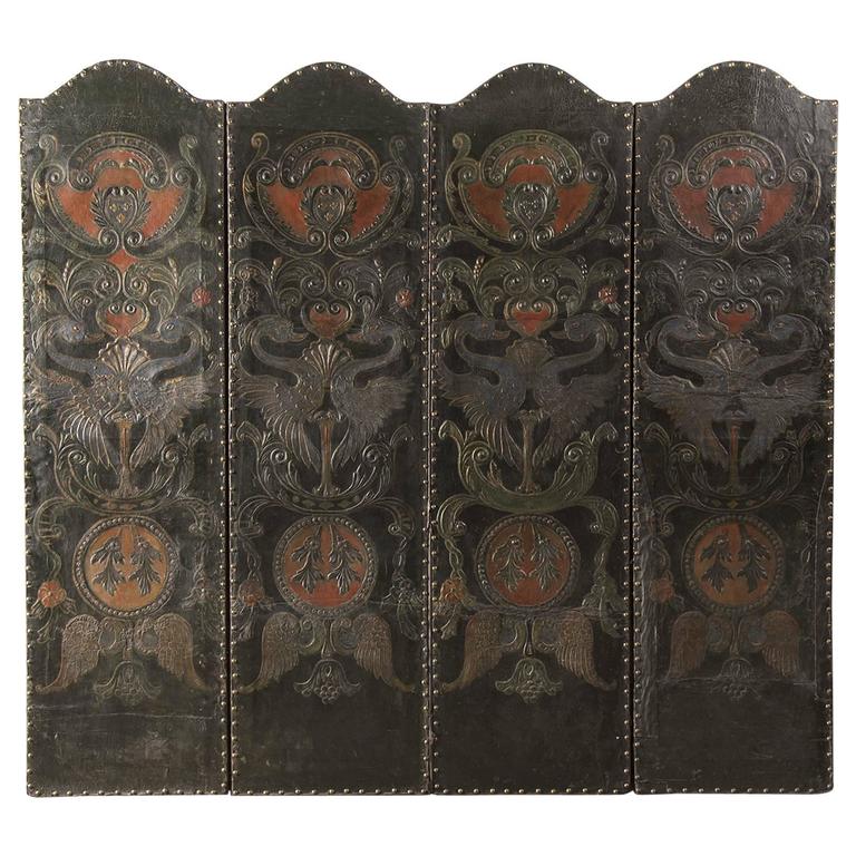 Antique French Four Panel Embossed, Painted, Gold Leaf Leather Screen c. 1840 For Sale at 1stDibs