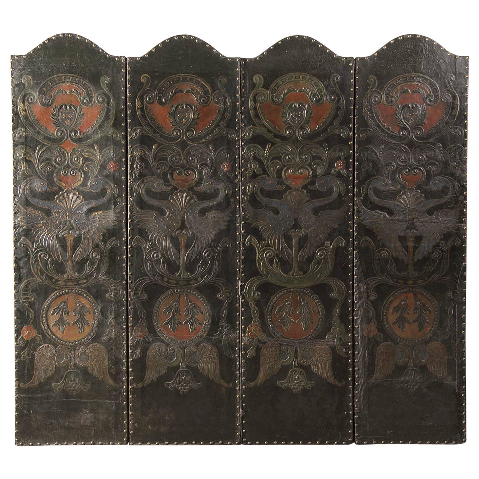 Antique French Four Panel Embossed, Painted, Gold Leaf Leather Screen c. 1840 For Sale