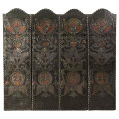 Antique French Four Panel Embossed, Painted, Gold Leaf Leather Screen c. 1840