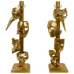 One-of-a-Kind Italian Pair of Carnival Lamps Decorated with Cast Bronze Masks 3