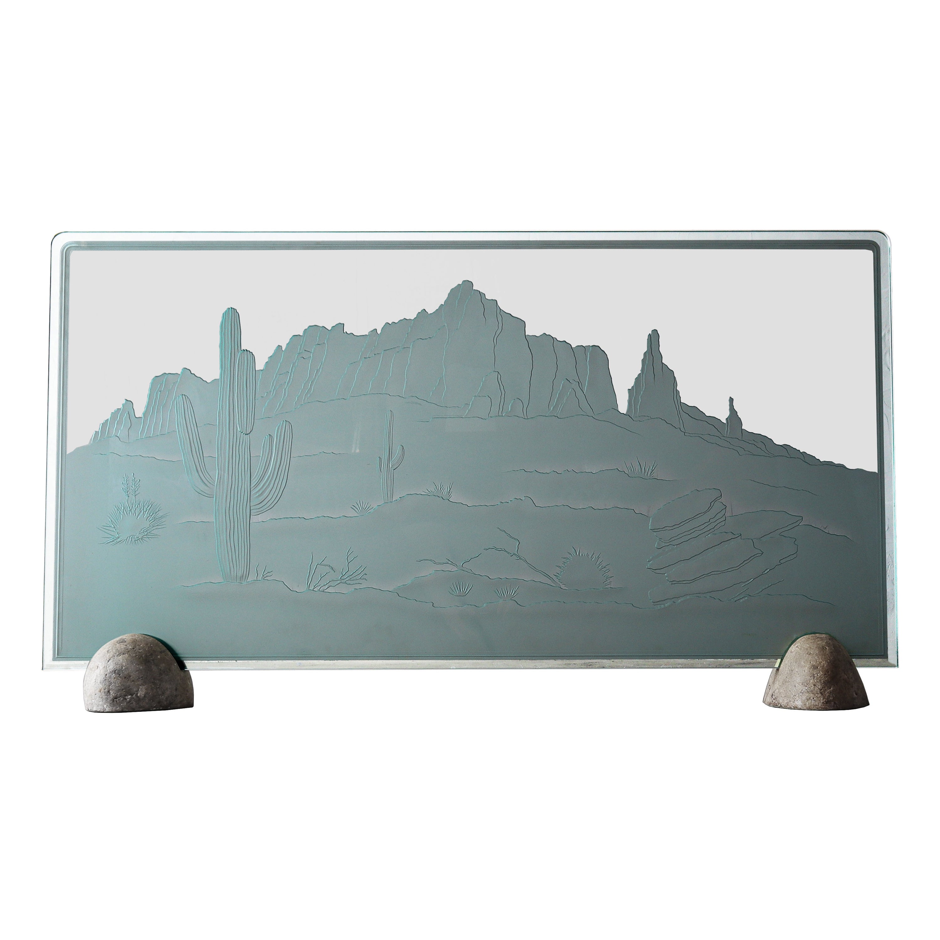 Southwest Etched Glass Fireplace Screen For Sale