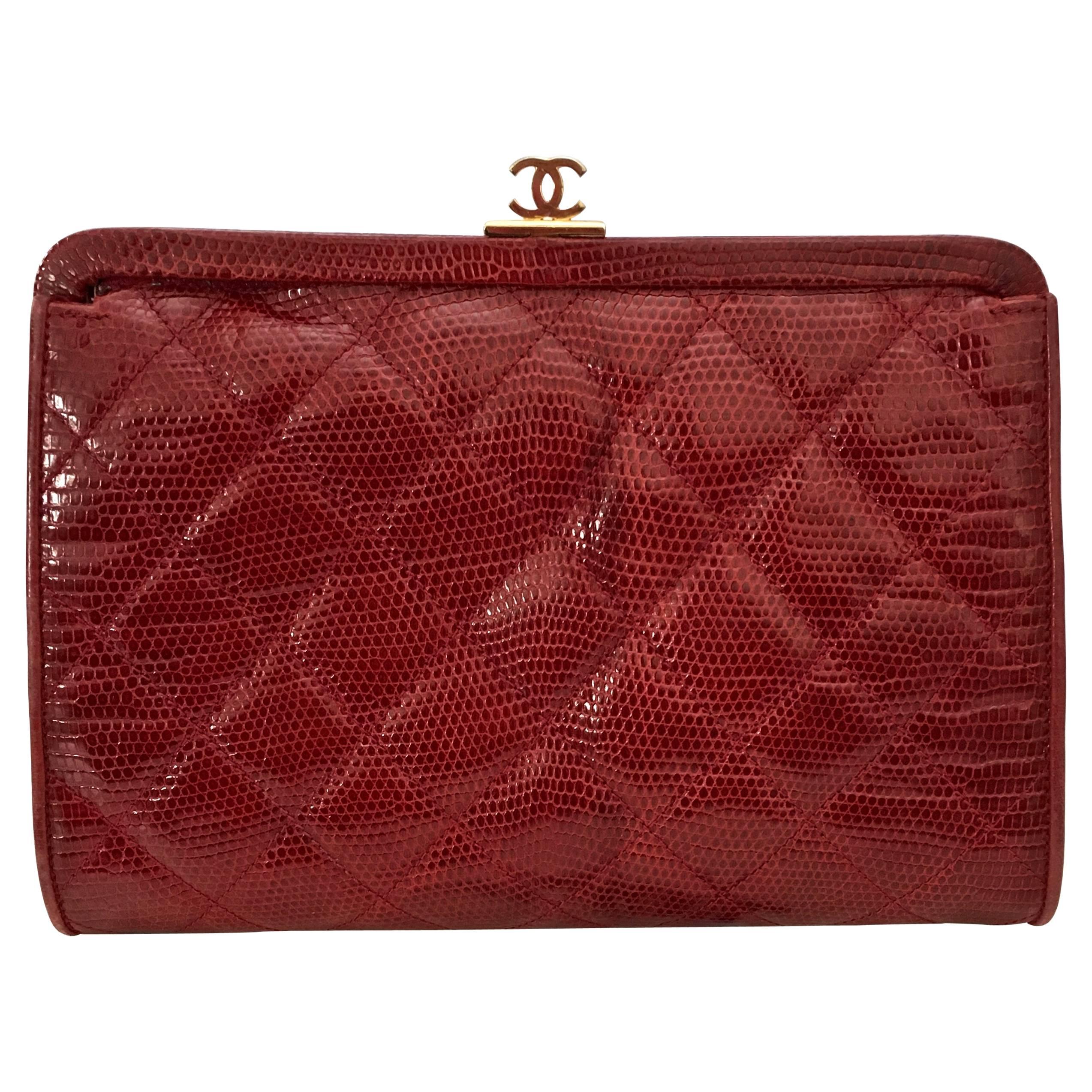 Vintage Quilted Chanel Red Lizard Leather Clutch, with Shoulder Chain