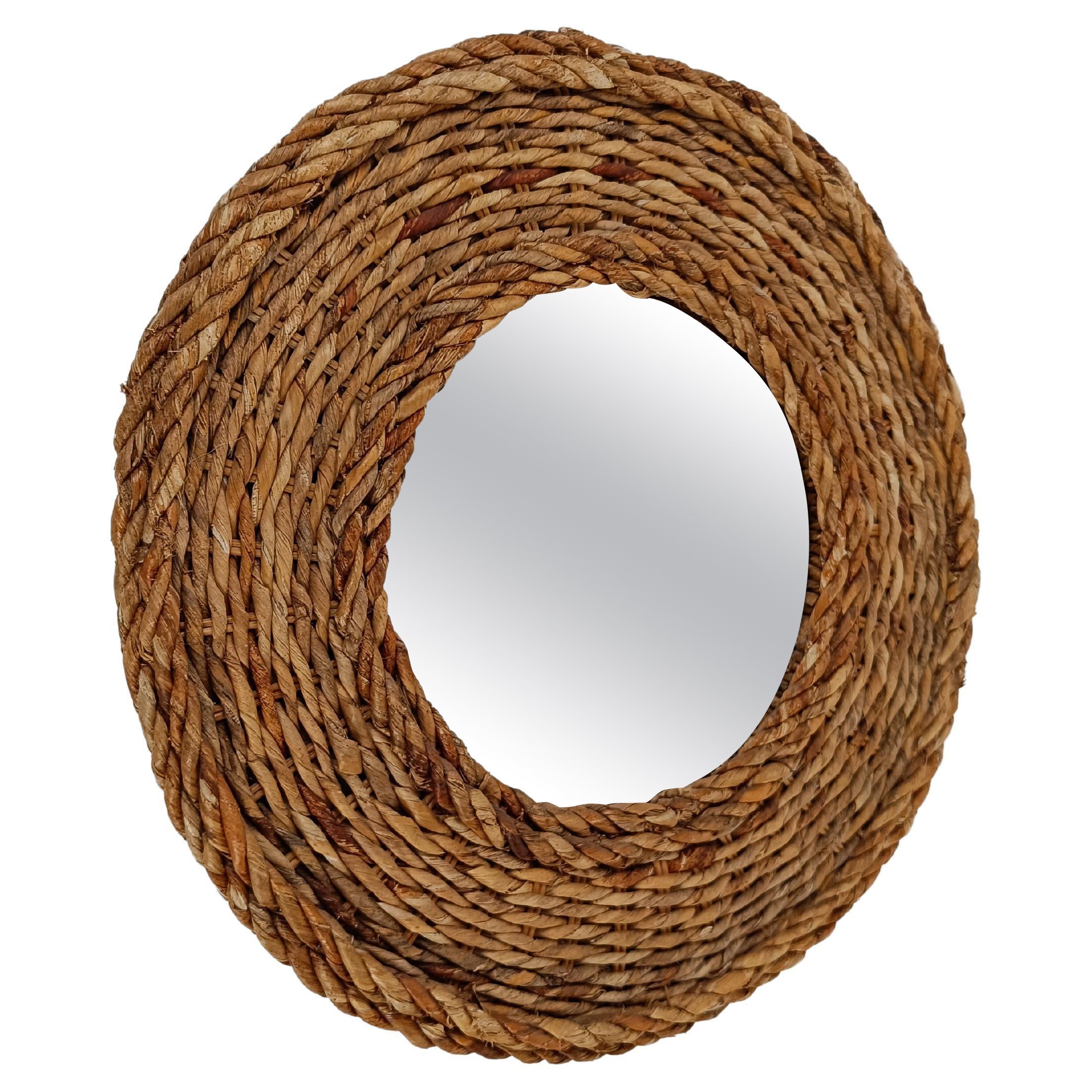 Vintage Round Rope mirror in the stye of Adrien Audoux & Frida Minet, 1960s  For Sale