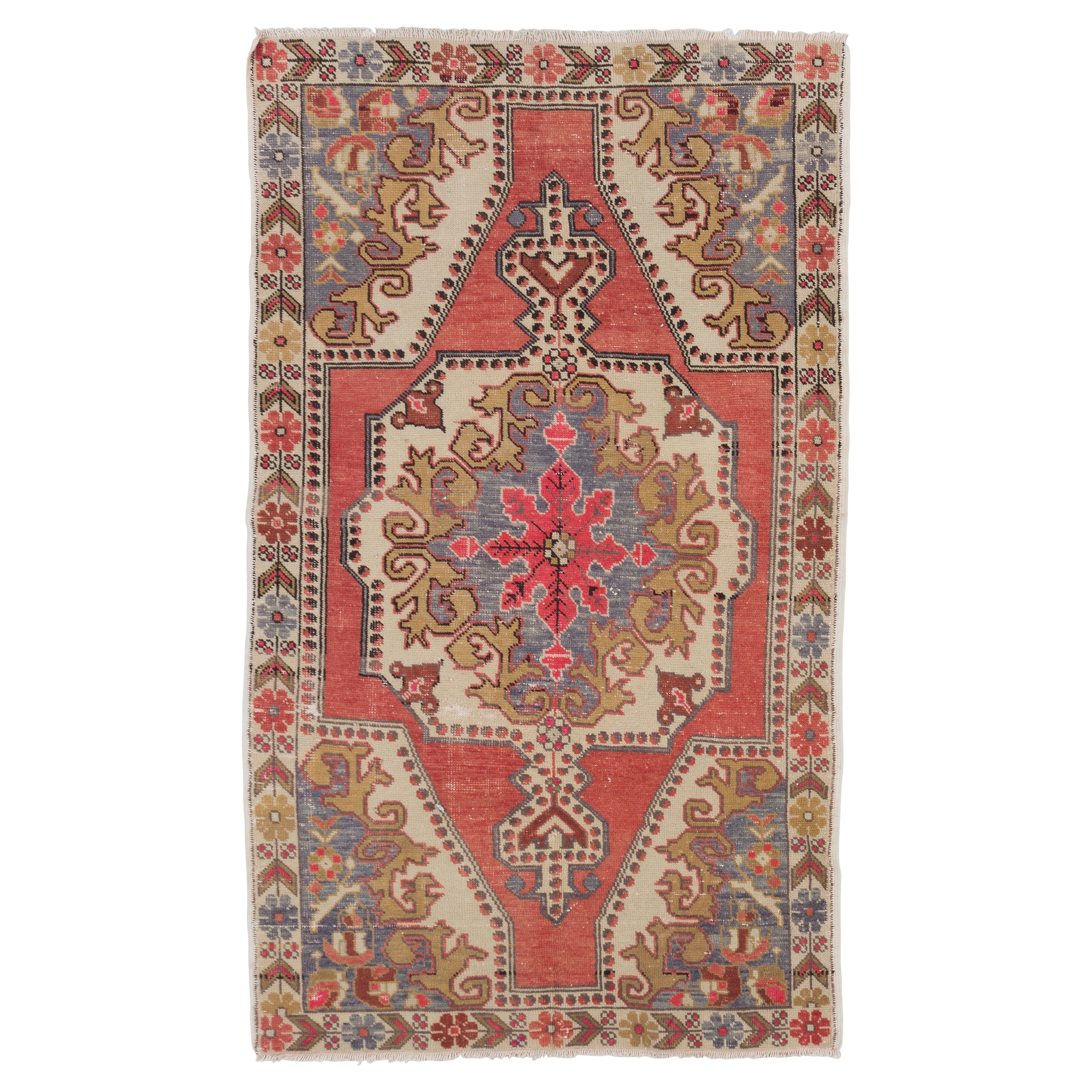 4.2x7.2 Ft Vintage Handmade Turkish Rug in Red with Medallion Design. Ca 1960 For Sale