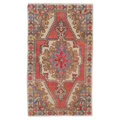 4.2x7.2 Ft Retro Handmade Turkish Rug in Red with Medallion Design. Ca 1960