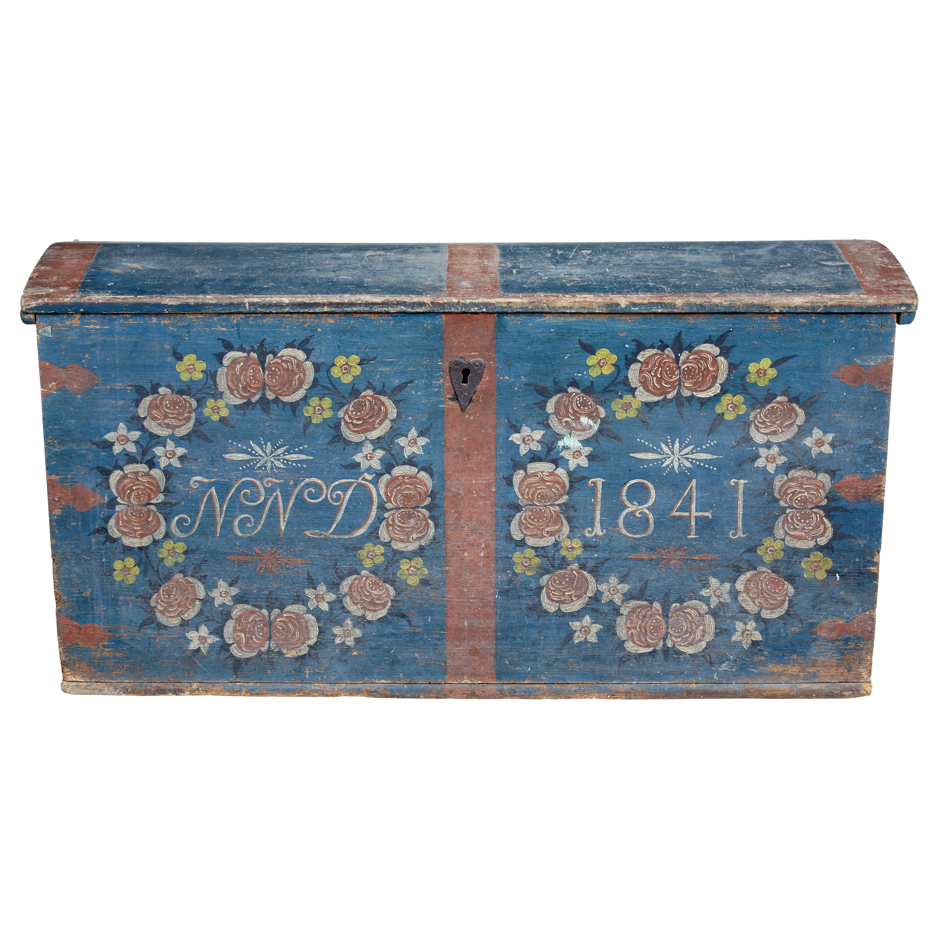 Mid 19th century Swedish folk art hand painted pine coffer For Sale