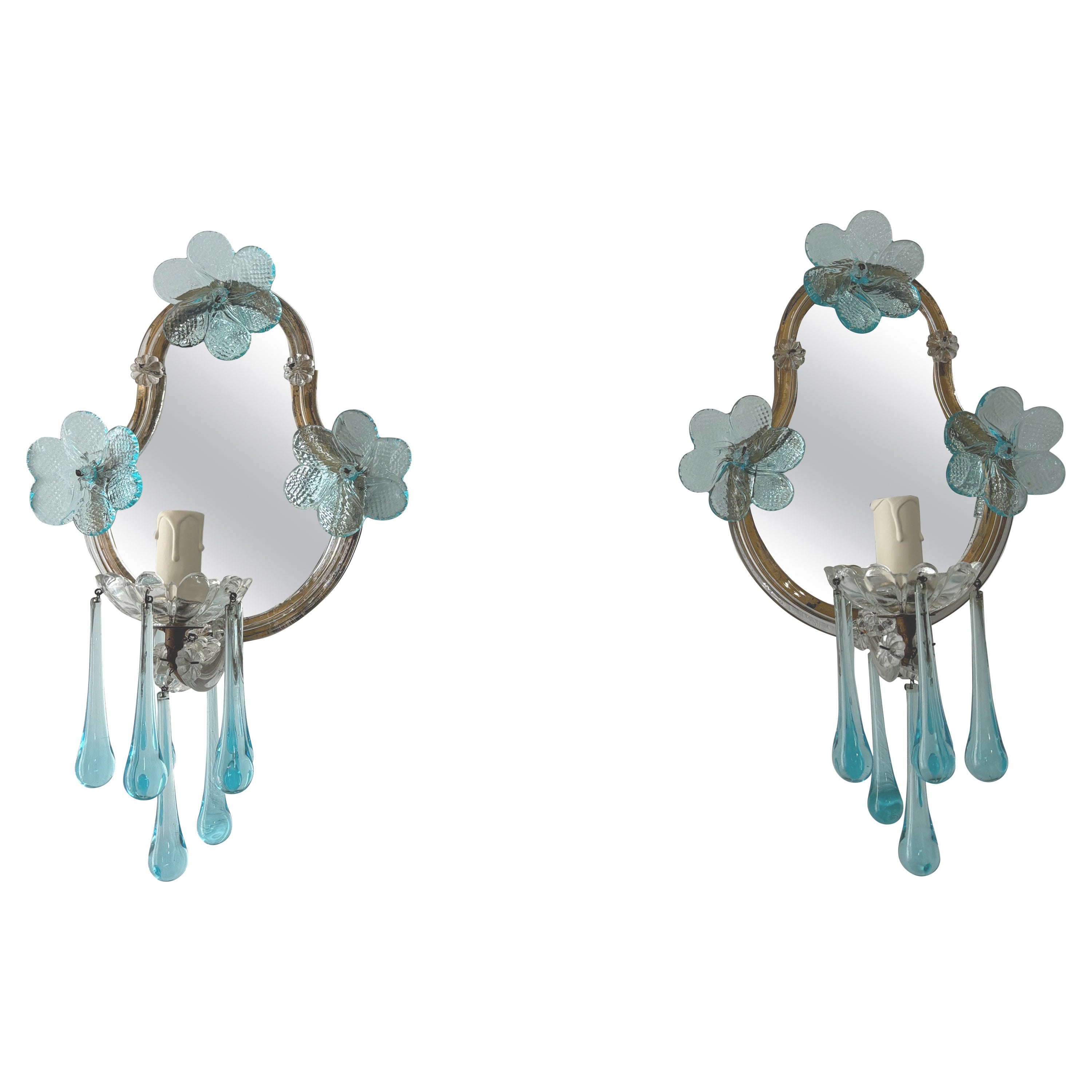1920s French Rare Aqua Blue Murano Glass Drops & Flowers Mirrored Sconces For Sale