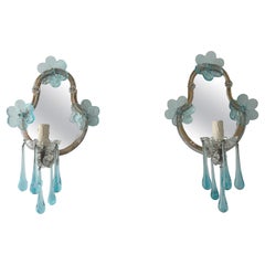 Antique 1920s French Rare Aqua Blue Murano Glass Drops & Flowers Mirrored Sconces