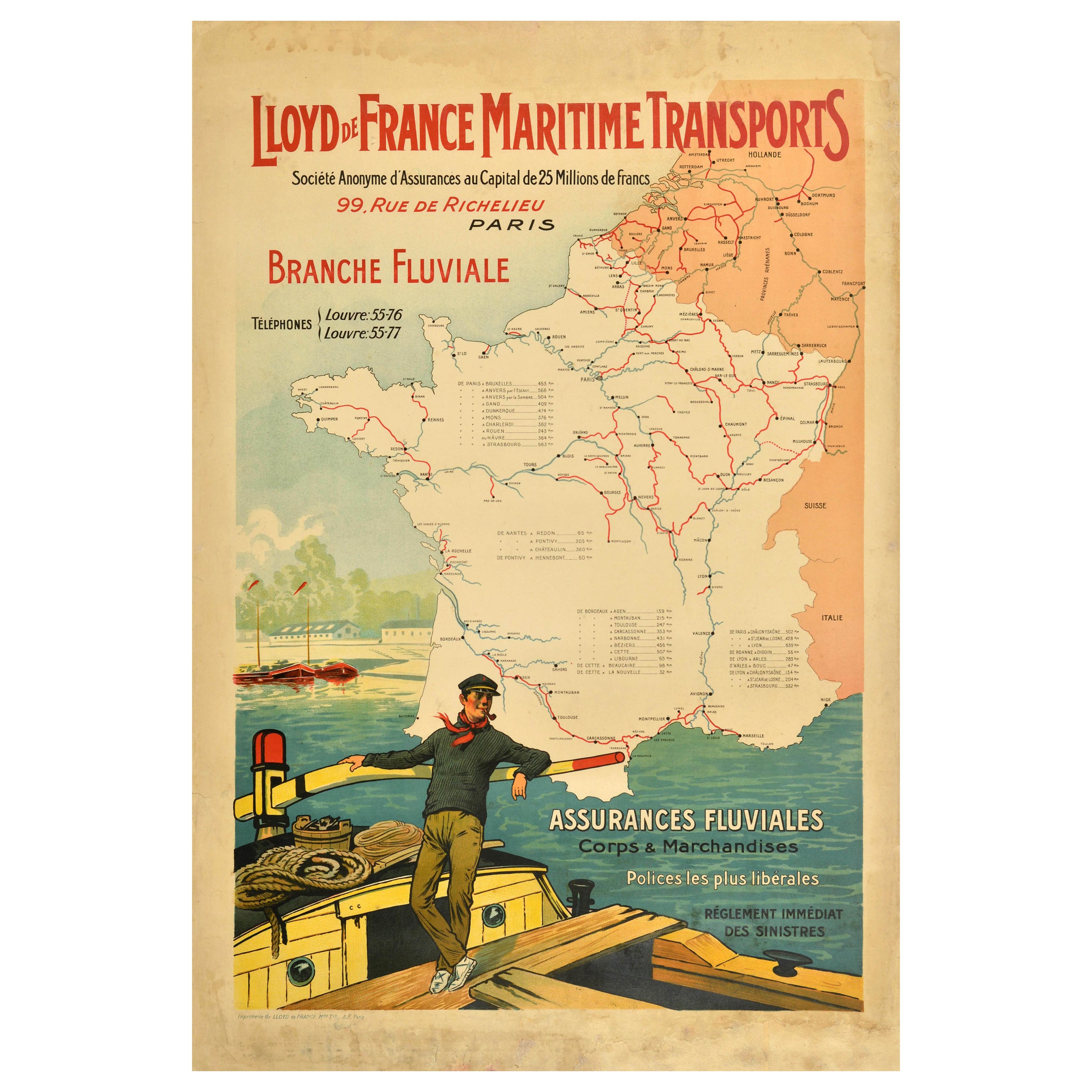 Original Antique Advertising Poster Lloyds France Maritime Transports Insurance For Sale