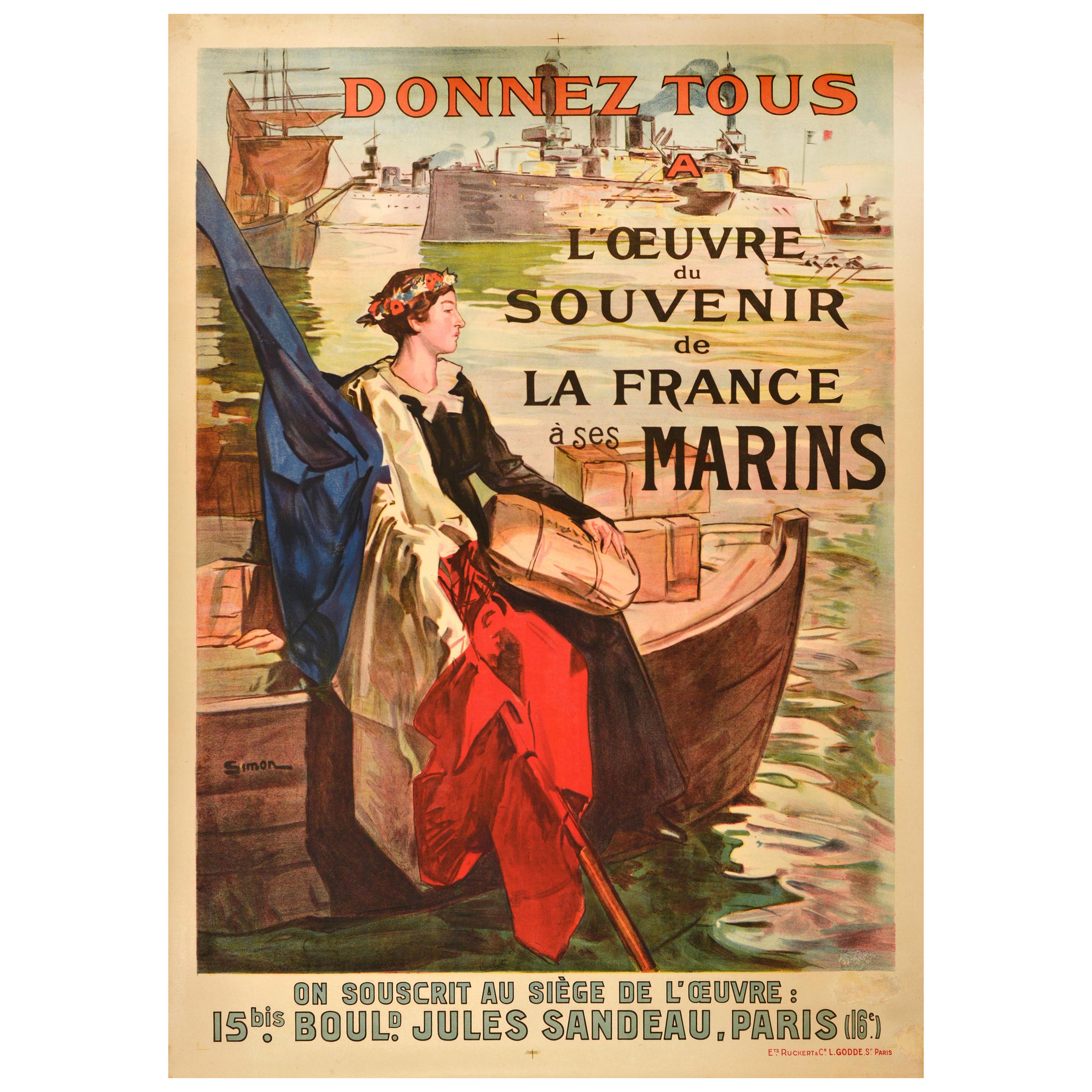 Original Antikes Fundraising-Poster Französisch Matrosenfund Frankreich Marins Francais, Marins Francais im Angebot