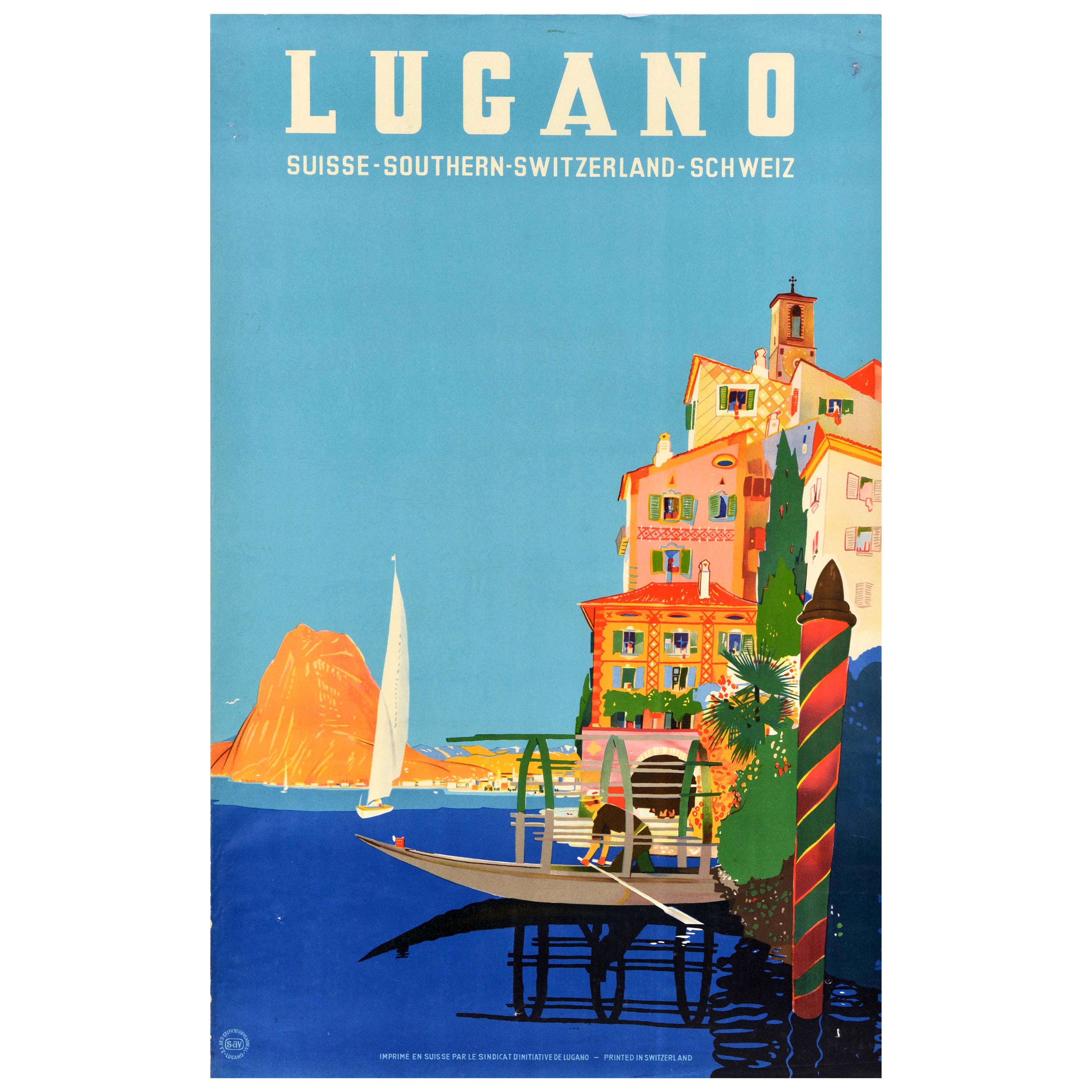 Original Vintage Travel Poster Lugano Southern Switzerland Suisse Schweiz Buzzi For Sale
