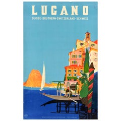 Affiche rétro originale de voyage Lugano, Suisse du Sud, Suisse Suisse, Buzzi