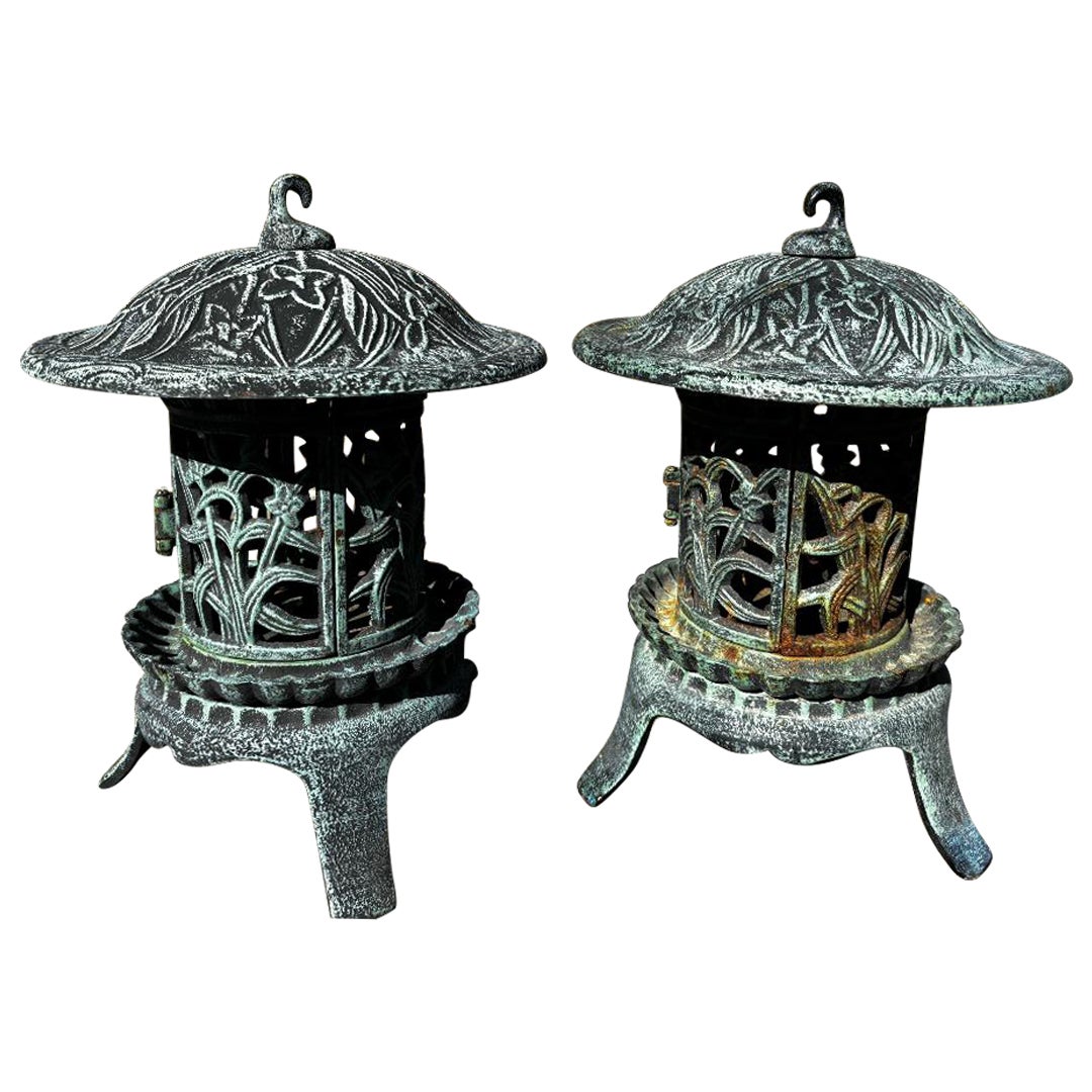 Japan Pair Tall Beautiful Blue Garden Lanterns With  Lovely Iris Flowers For Sale