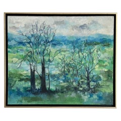 1960s Mid Century Landscape Painting Oil on Canvas Encadré
