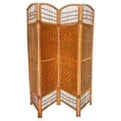 Retro Four-Panel Bamboo Wicker Rattan Folding Screen Room Divider, France 1960s