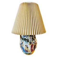 Retro  Italian Majolica Style Terracotta Roman Relief Jar Lamp With Linen Shade