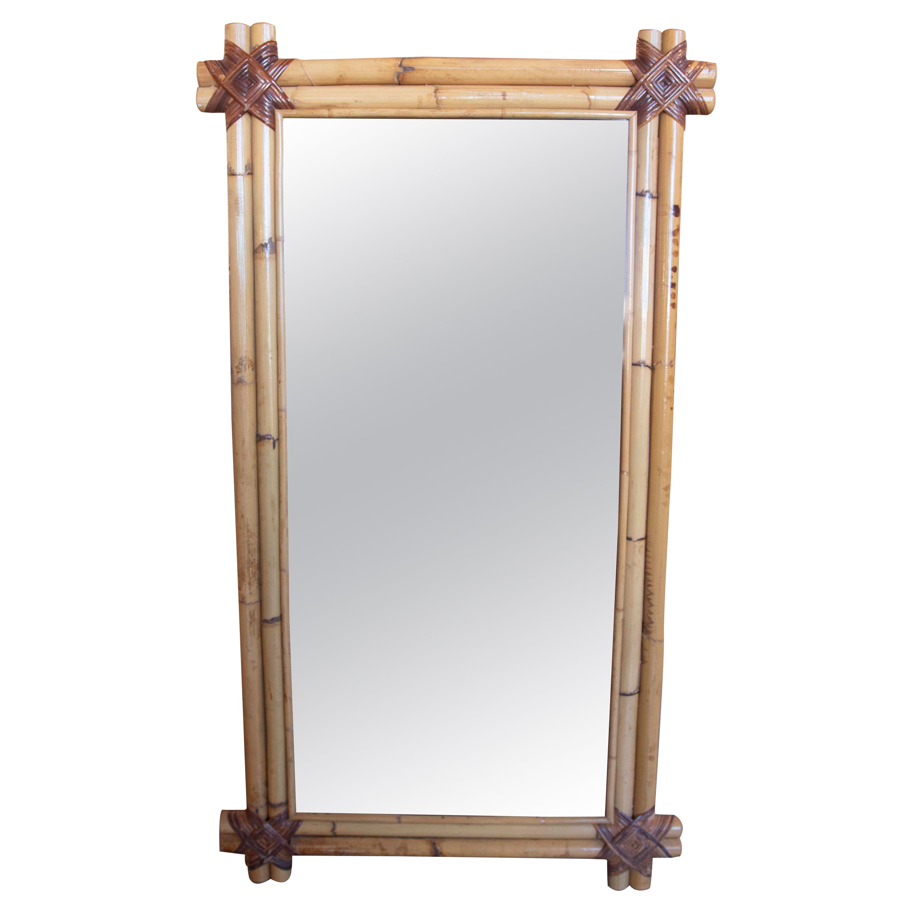 1980s Spanish Bamboo Rectangular Wall Mirror  For Sale