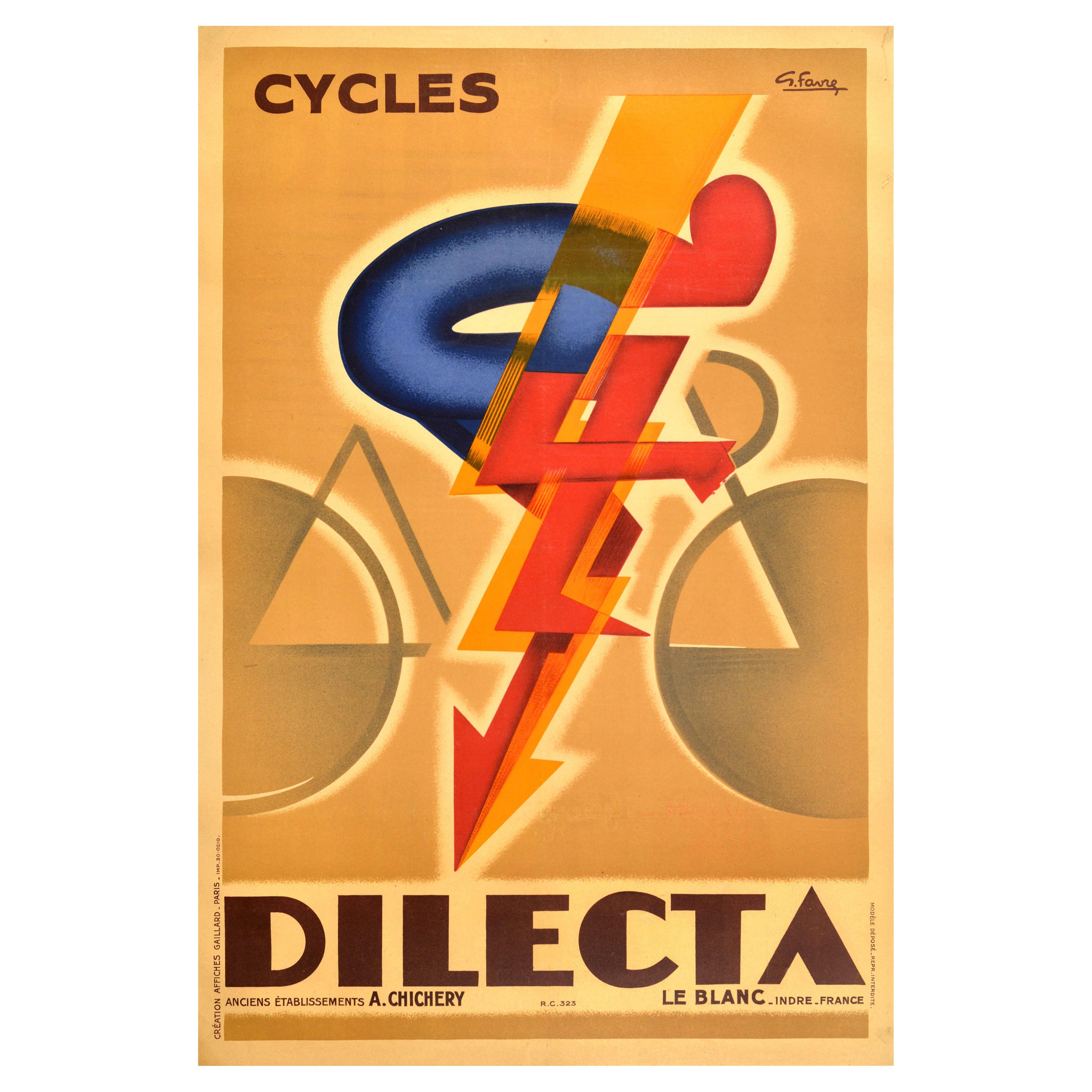Affiche publicitaire d'origine ancienne Cycles Dilecta Georges Favre Design Art Déco