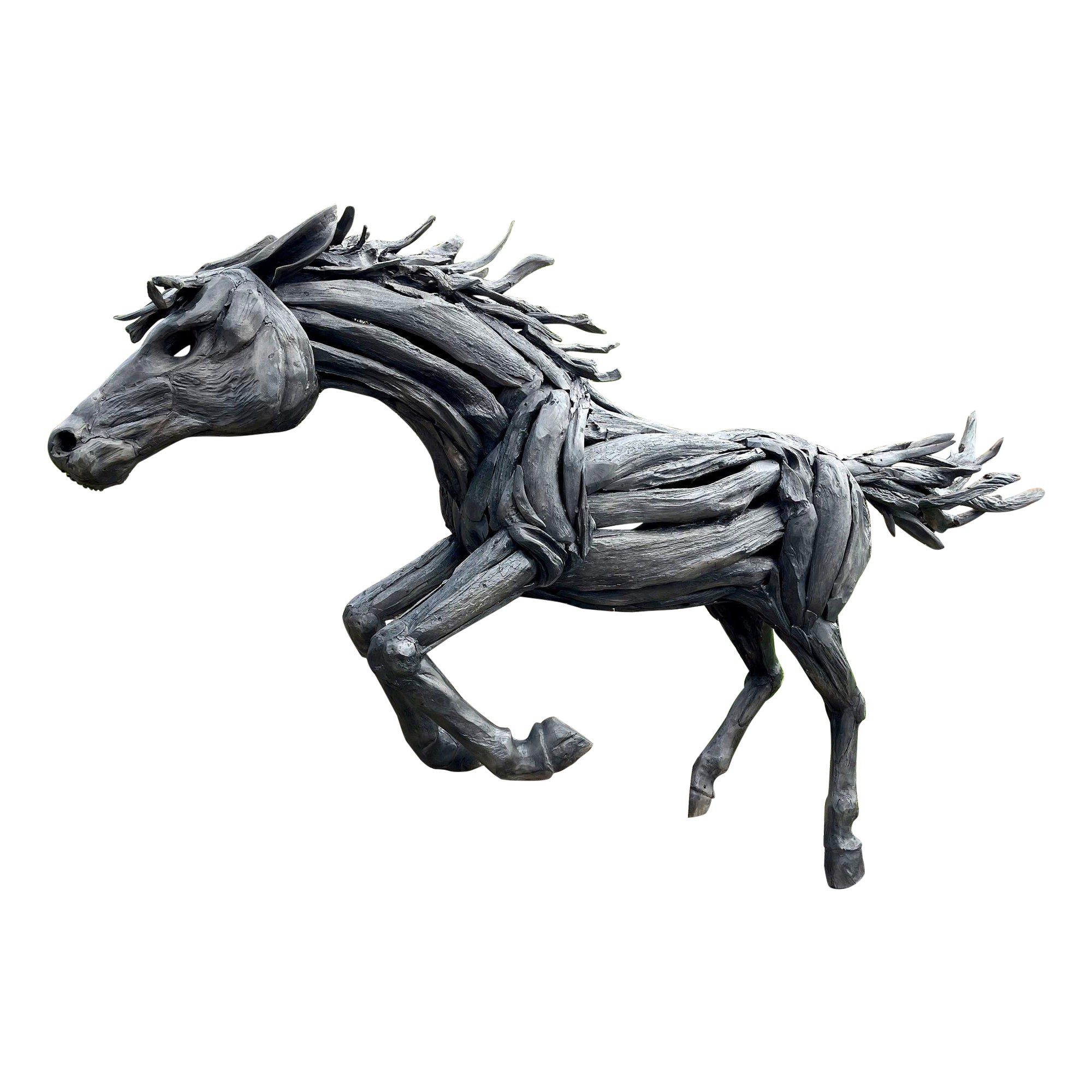 Lifesize-Skulptur eines schwarzen Pferdes aus Treibholz, handgefertigt vom Künstler, IDN 2024