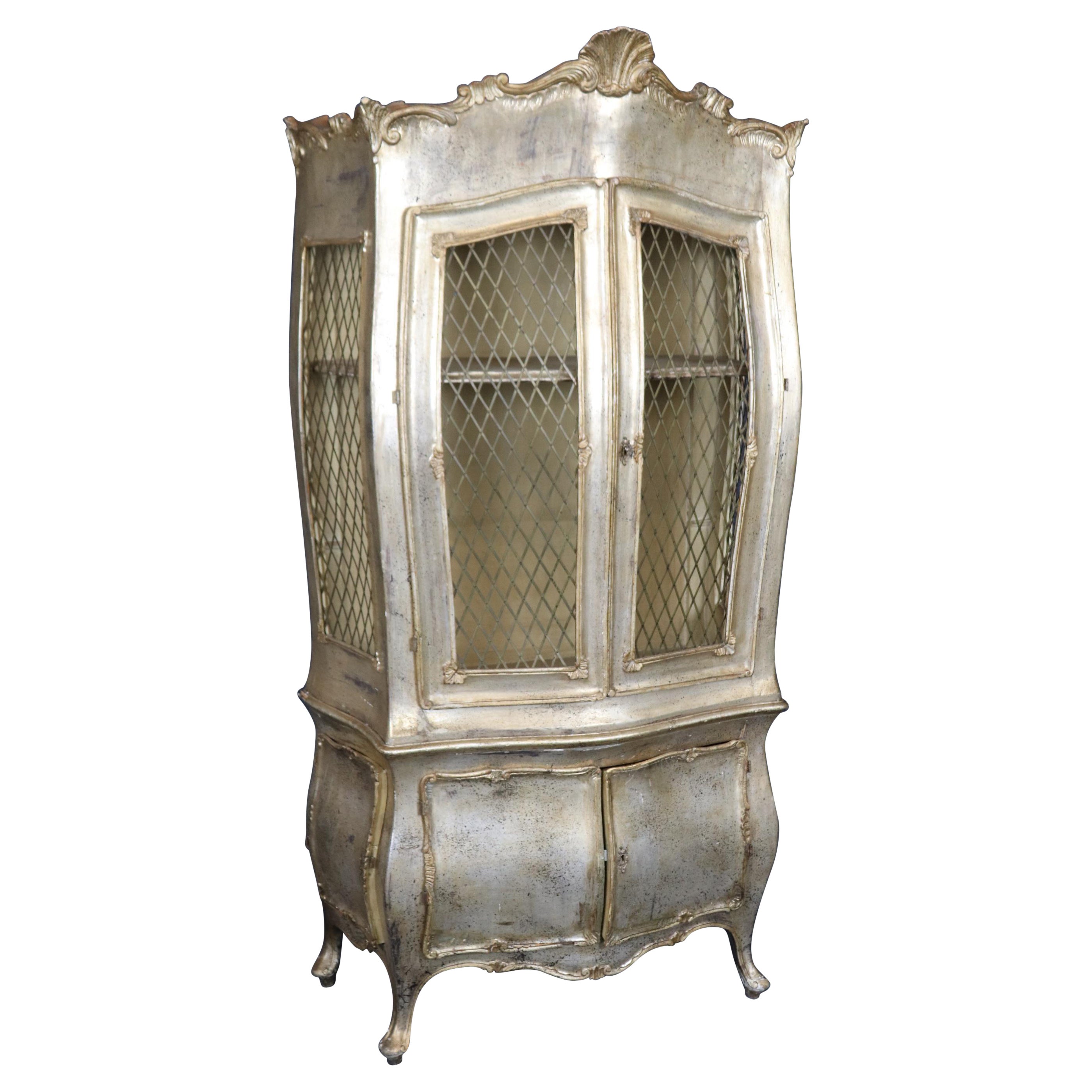 Silver Leaf Bombe Form Distressed  Wire Mesh Door Vitrine China Cabinet For Sale