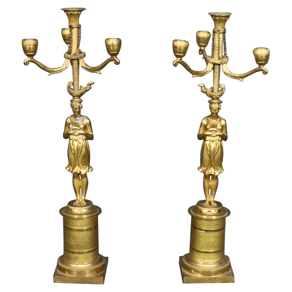 Pair Stunning Large Solid Bronze 19th Century Draped Figural Maidens Candleabra For Sale