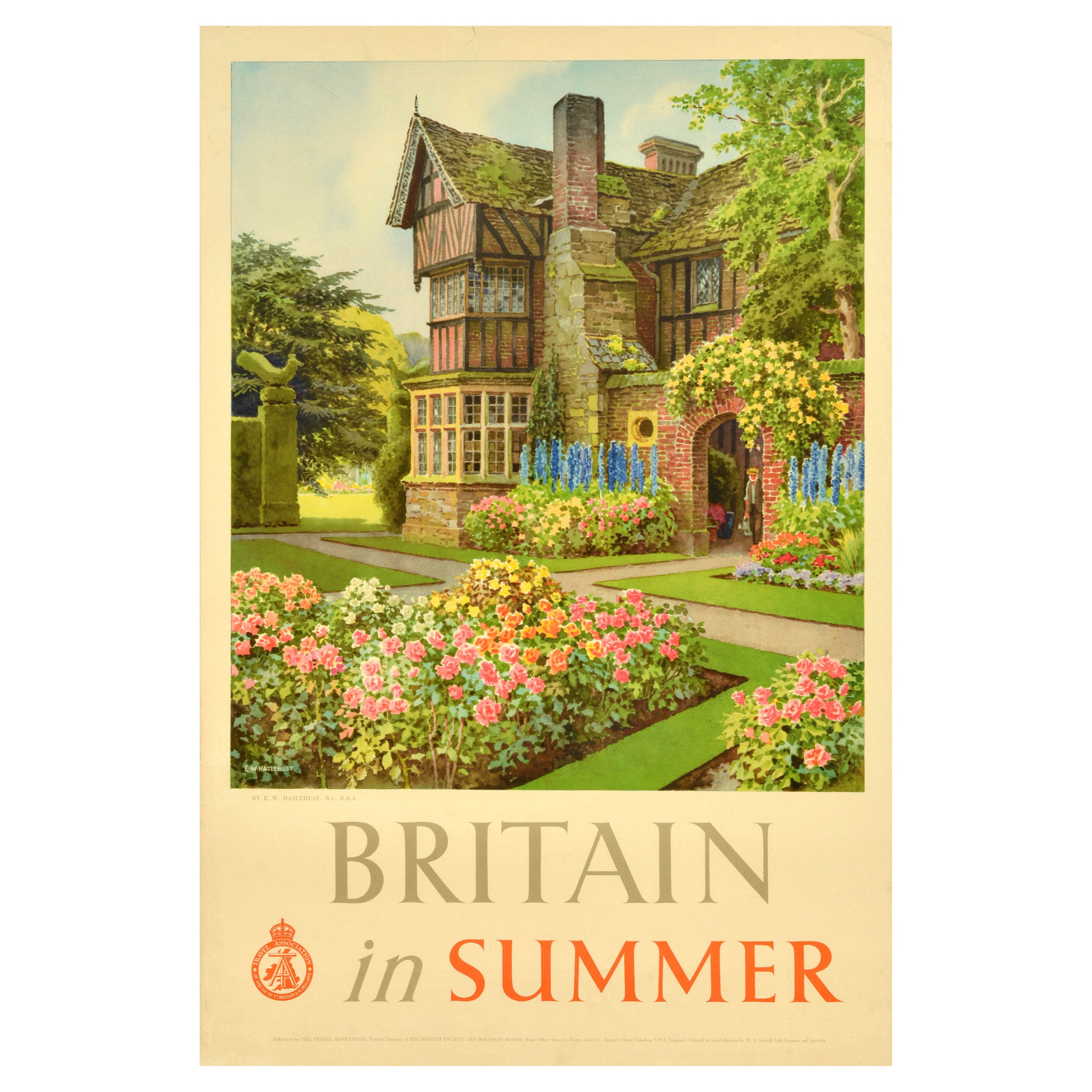 Original Vintage Travel Poster Britain In Summer Manor Flower Garden Haslehust For Sale