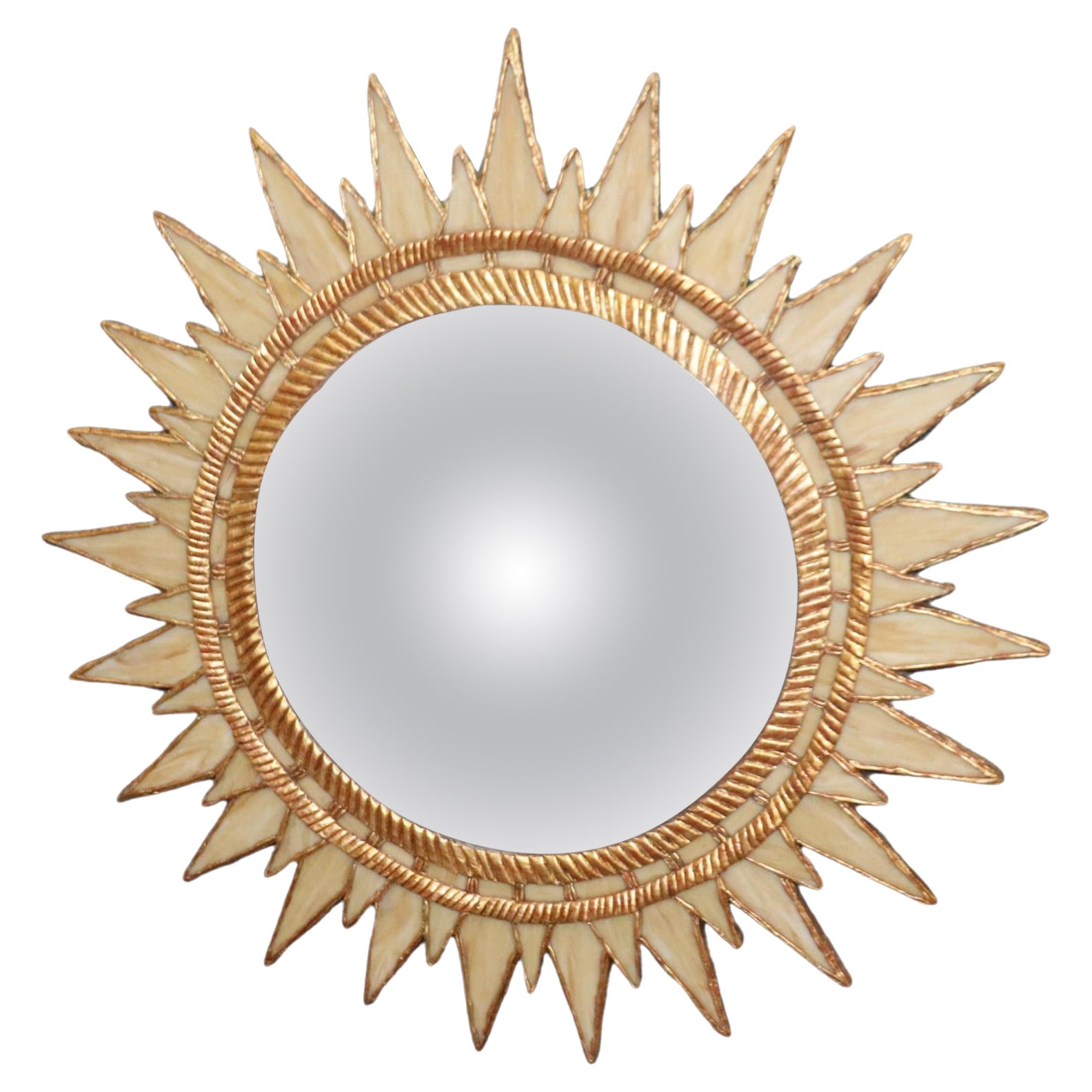 Rare Miroir en bois doré à étoiles en forme de soleil, fait en Italie, panneau en verre de scories  en vente